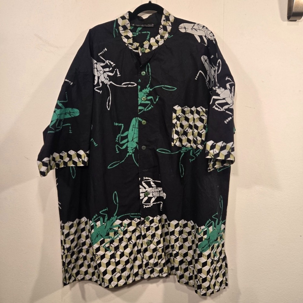 Goth Insect Print Button Down Shirt XXLT Lady Bat Creations Green Black White